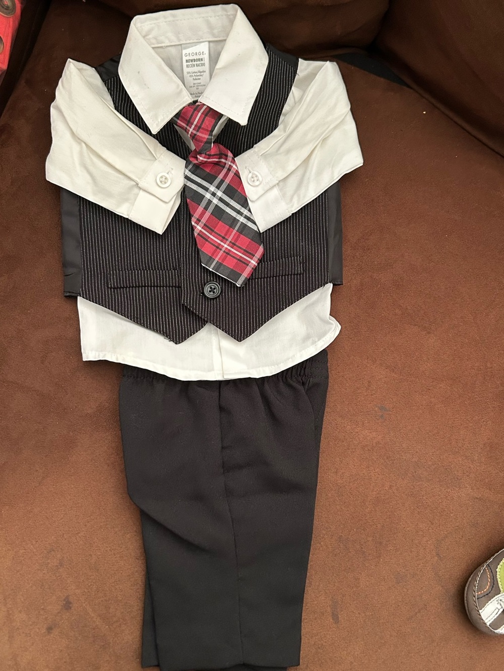 George Black Pinstripe Vest Outfit with Red Plaid Tie